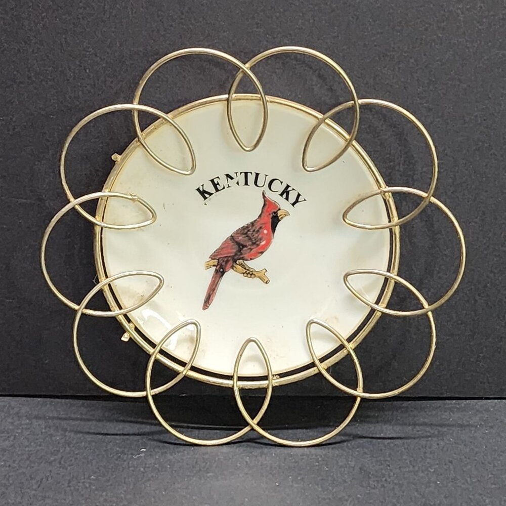 Vintage Kentucky Wire Framed Cardinal Plate Decorative Red Bird 4'' JAPAN